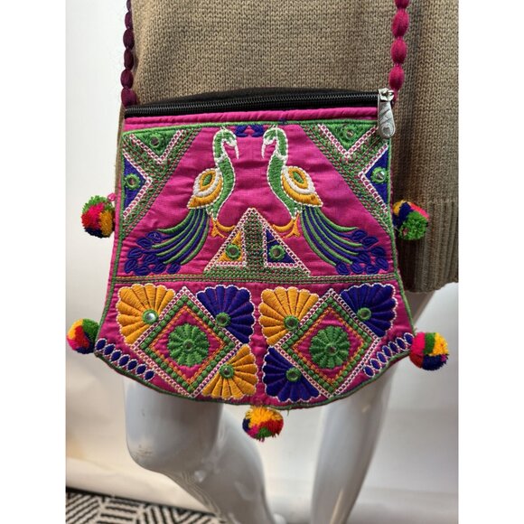 Handmade Embroidered Boho Crossbody Bag With Peacock Design & Multicolor Strap - Picture 14 of 16